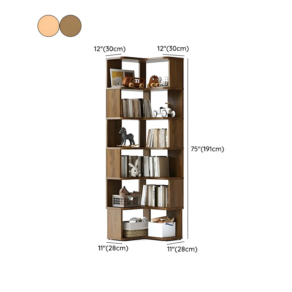 Modern L-Shaped Walnut Wood Open Back Corner Bookcase