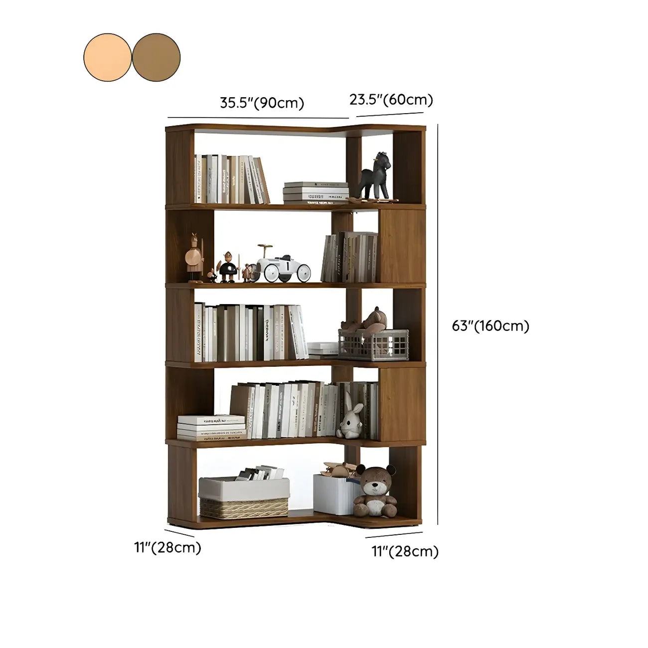 Modern L-Shaped Walnut Wood Open Back Corner Bookcase