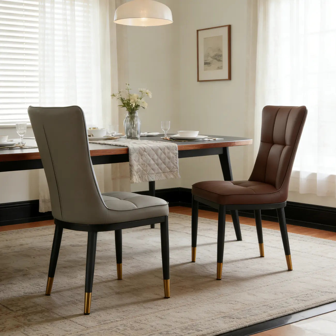 Armless Grey Tufted Leather High Back Dining Chair