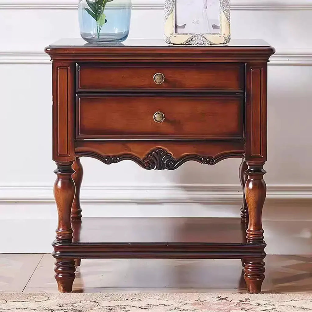 Victorian Brown 2-Drawer Wood Nightstand for Bedroom