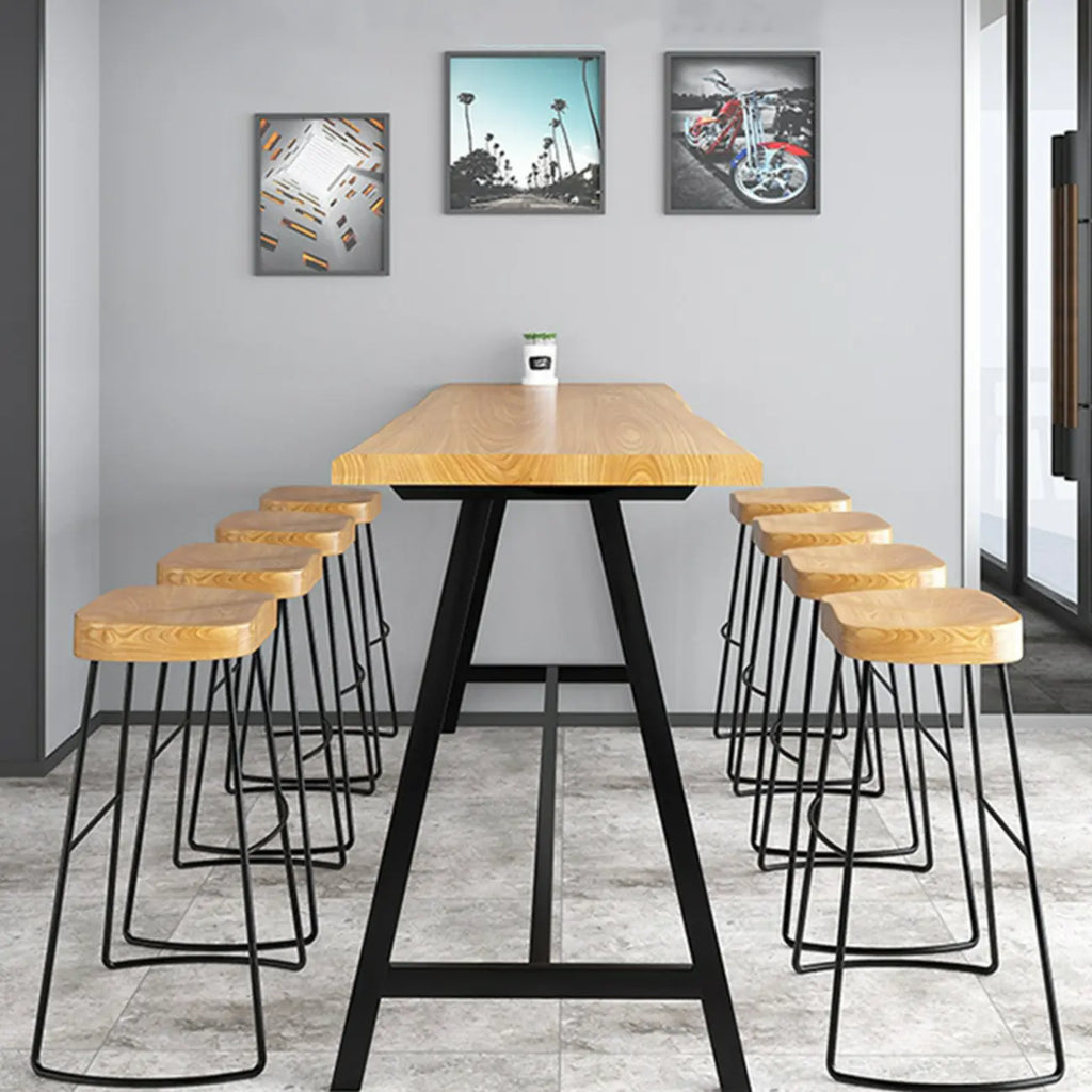 Modern Natural Wood Metal Trestle Bar Tables for Bistro