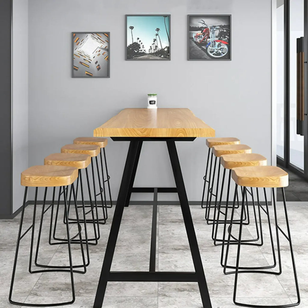 Modern Natural Wood Metal Trestle Bar Tables for Bistro