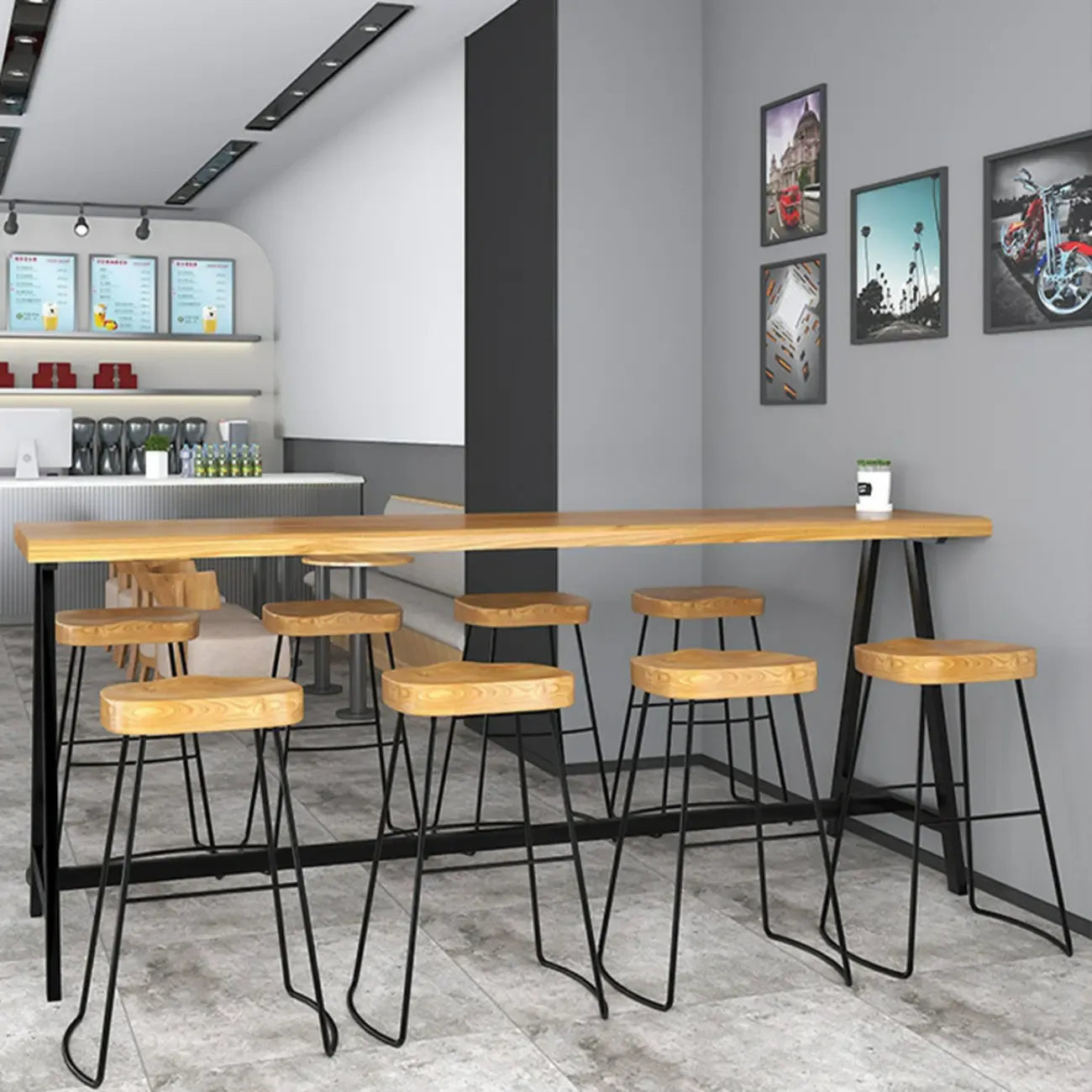 Modern Natural Wood Metal Trestle Bar Tables for Bistro