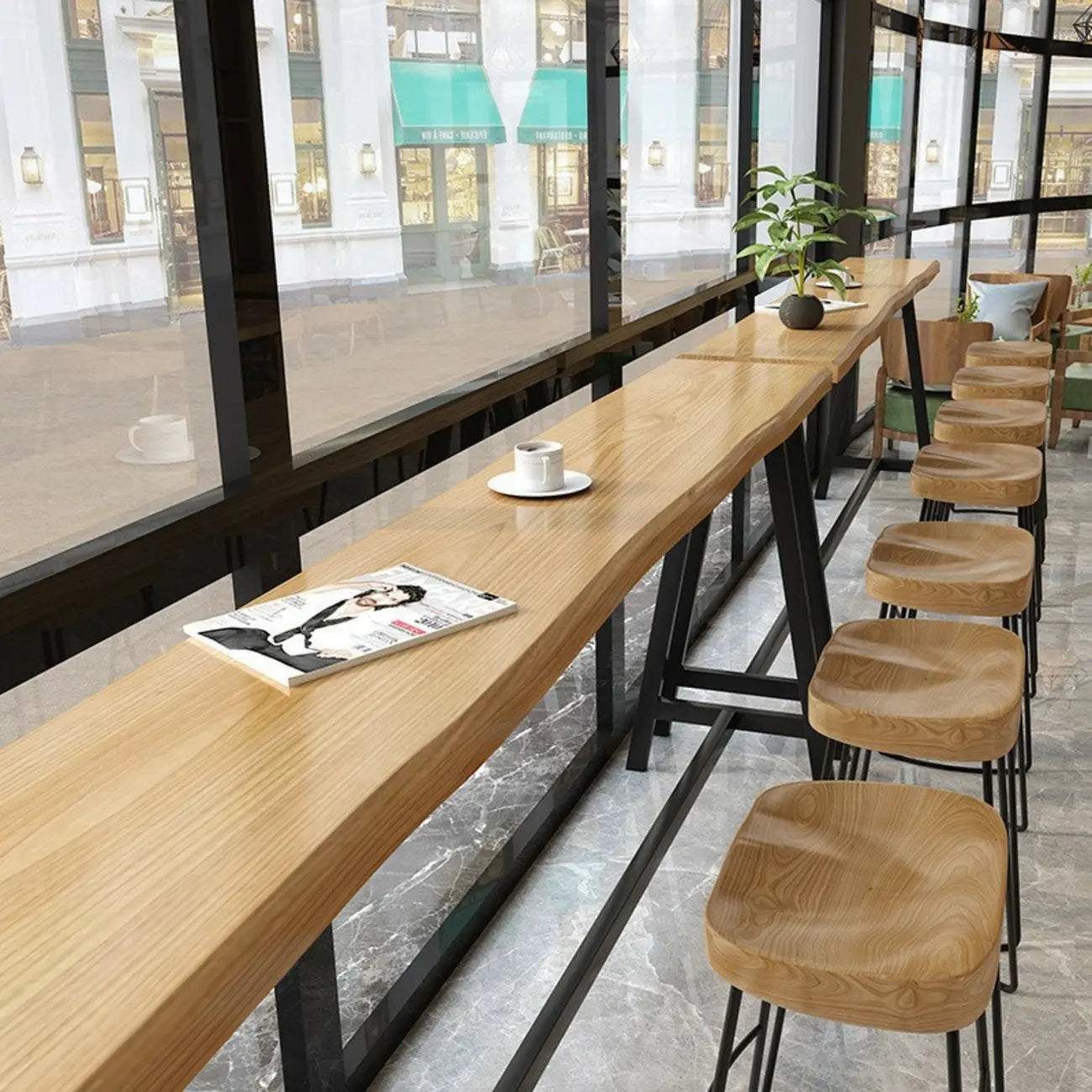 Modern Natural Wood Metal Trestle Bar Tables for Bistro