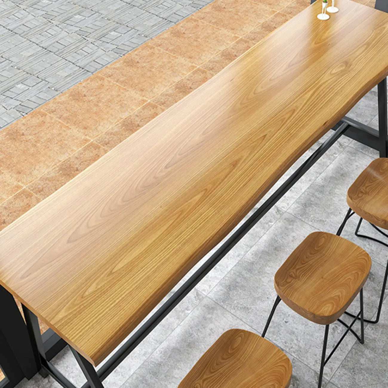 Modern Natural Wood Metal Trestle Bar Tables for Bistro
