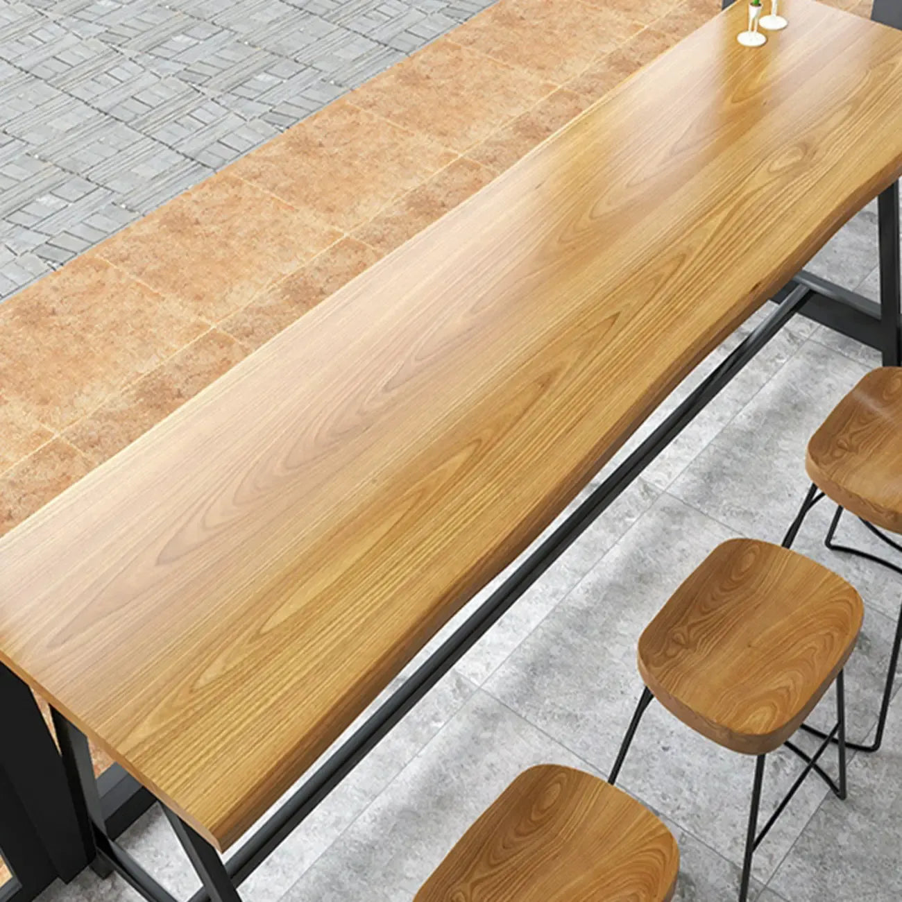 Modern Natural Wood Metal Trestle Bar Tables for Bistro