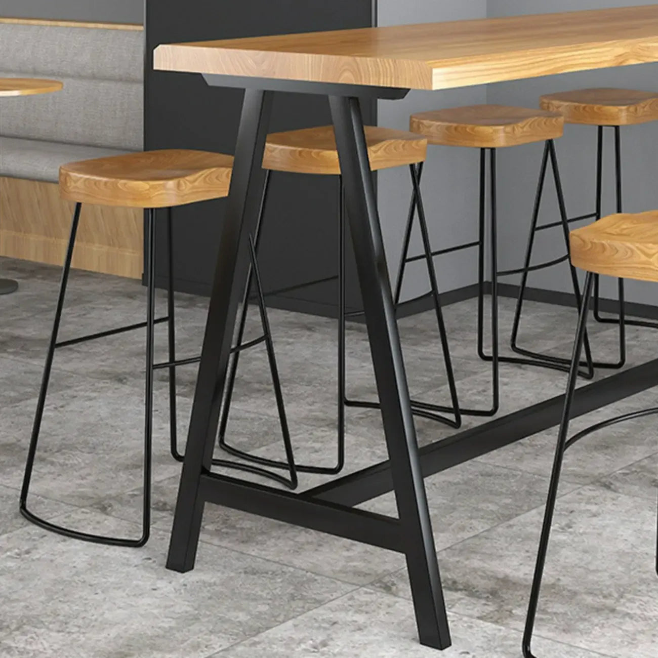 Modern Natural Wood Metal Trestle Bar Tables for Bistro
