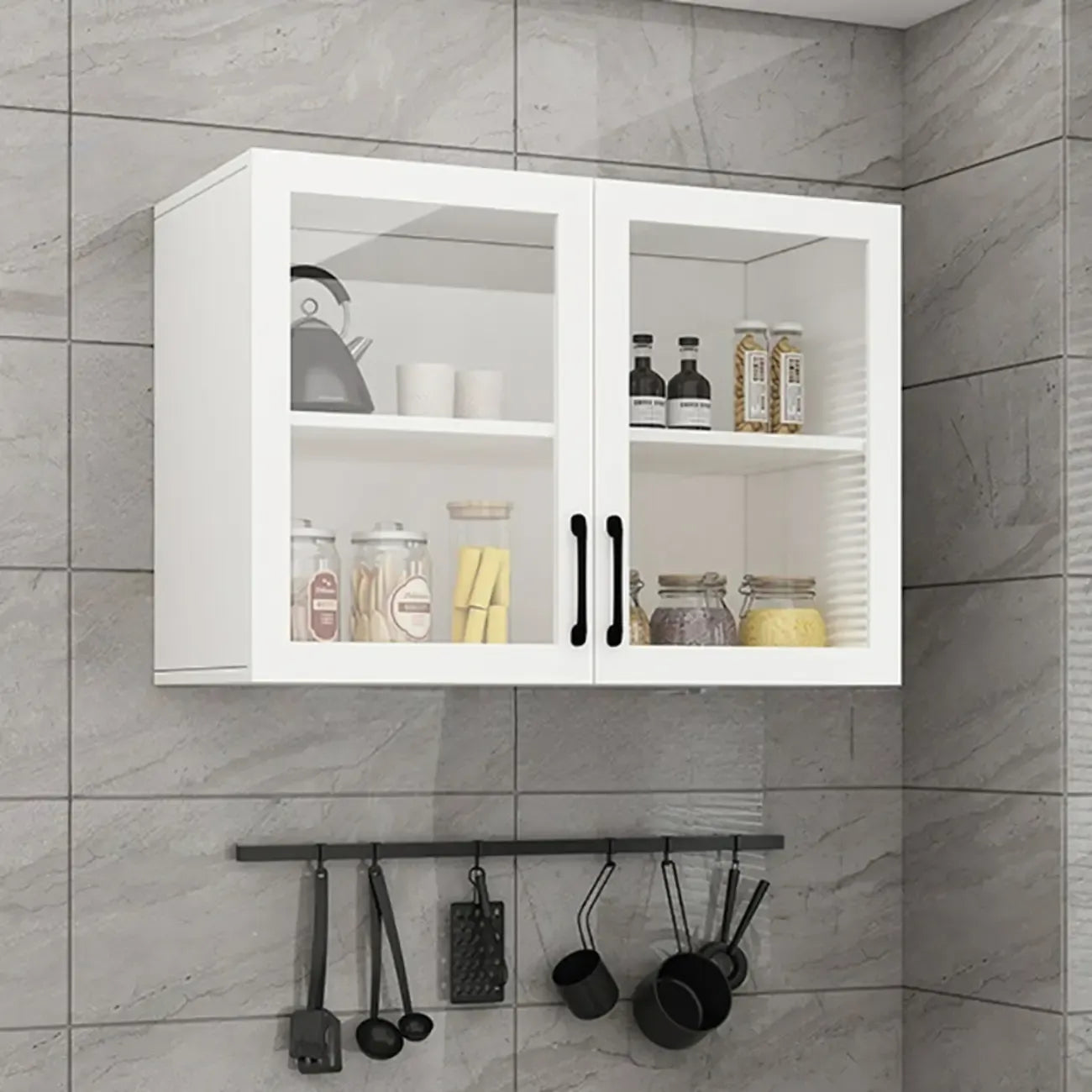 Kitchen Floating White Wood Glass Enclosed Display Cabinet