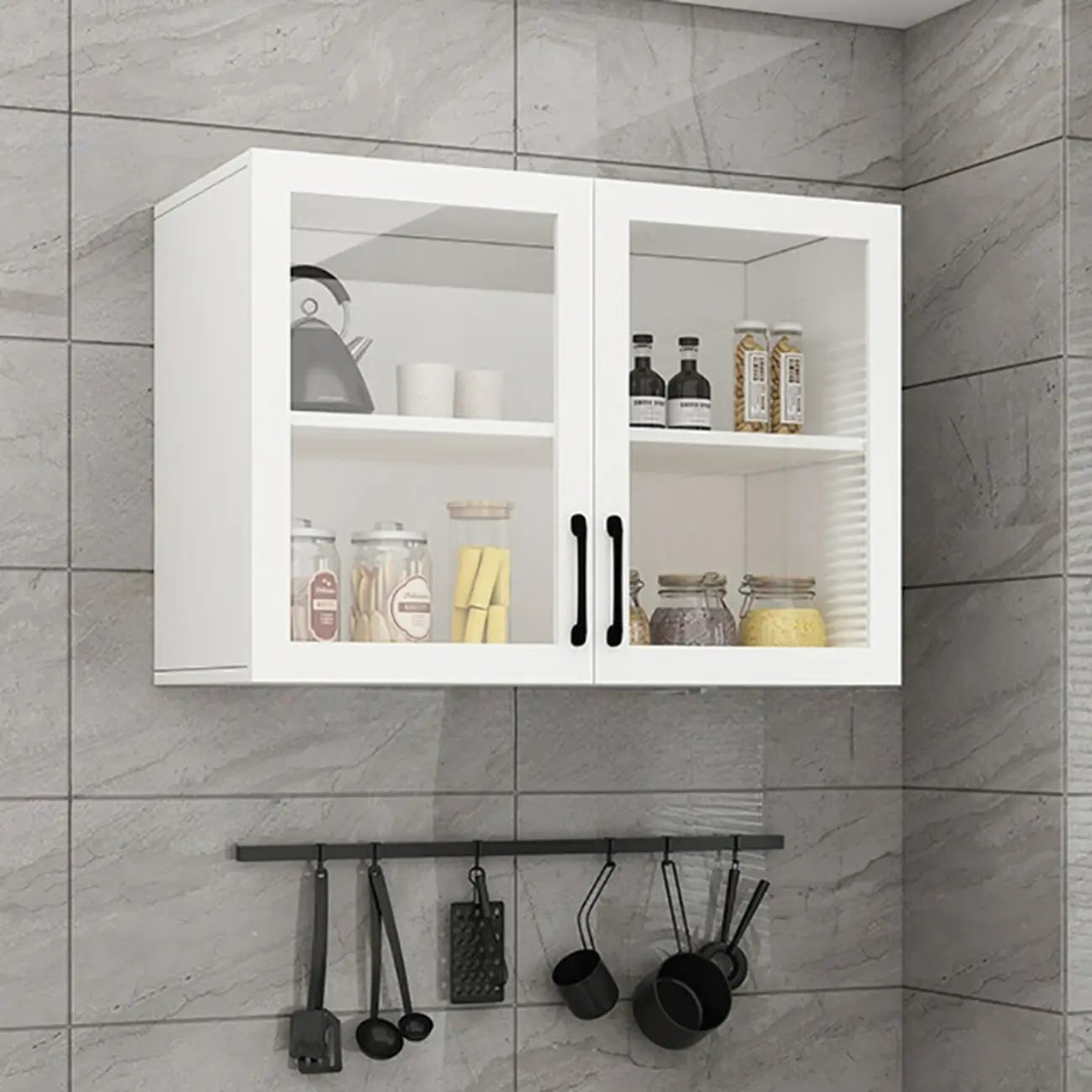 Kitchen Floating White Wood Glass Enclosed Display Cabinet