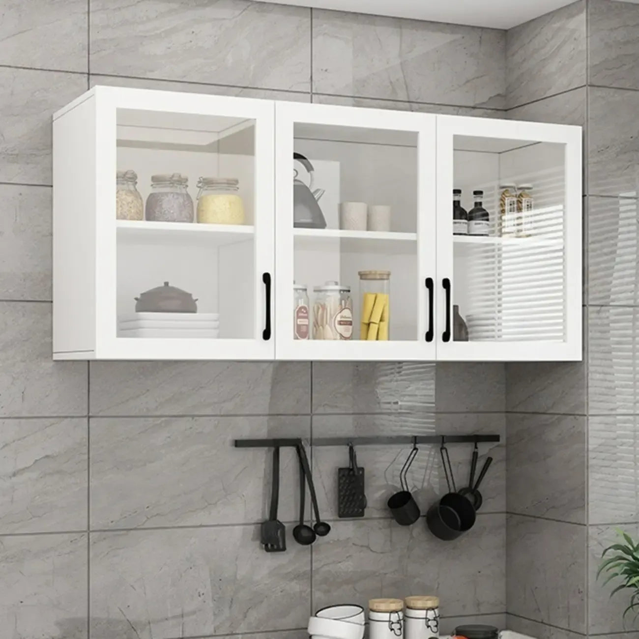 Kitchen Floating White Wood Glass Enclosed Display Cabinet