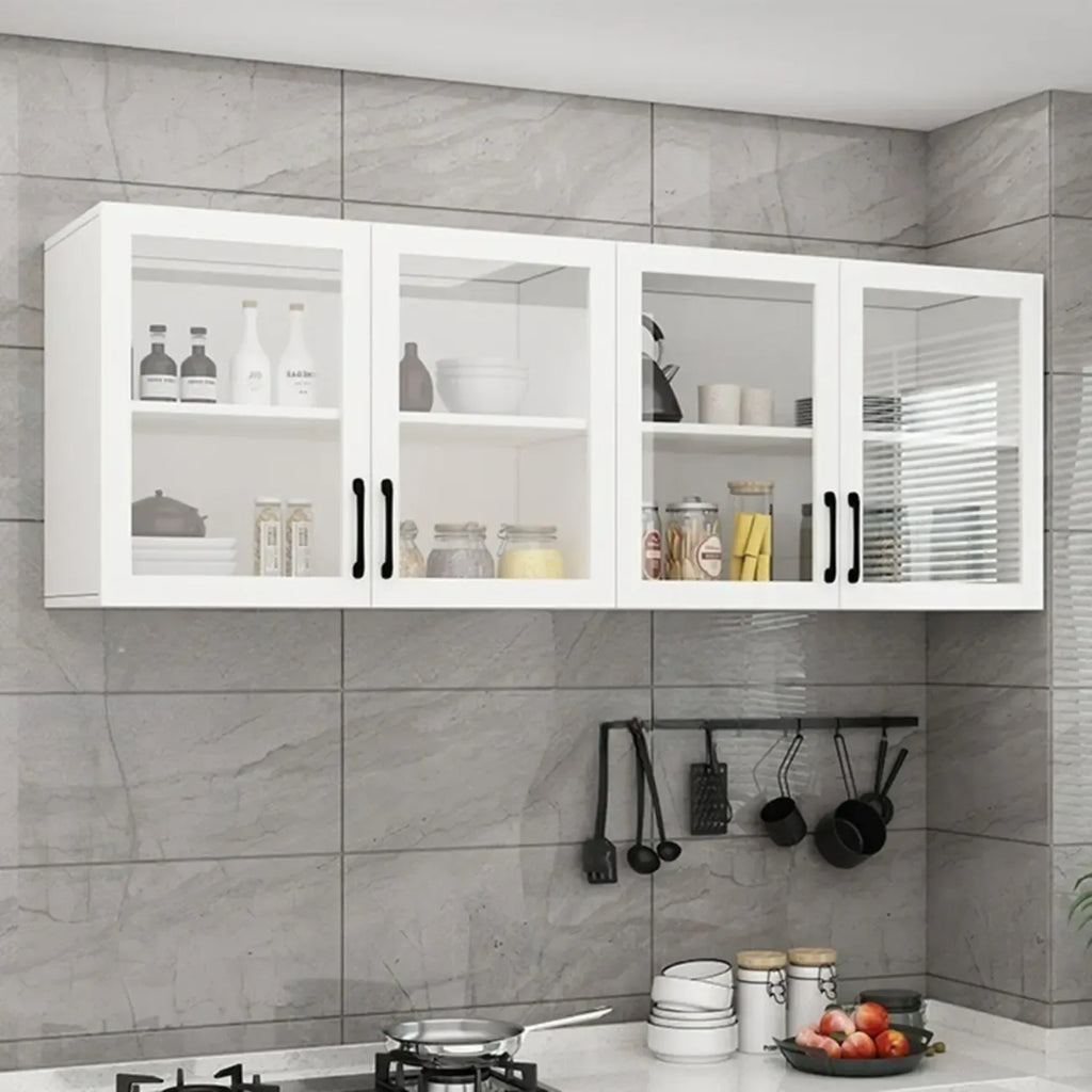 Kitchen Floating White Wood Glass Enclosed Display Cabinet