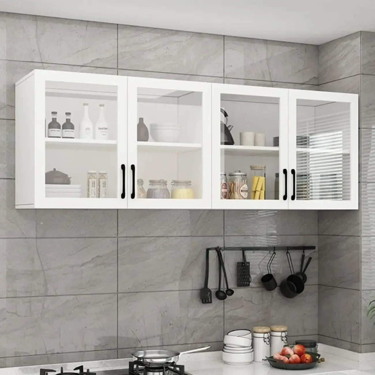 Kitchen Floating White Wood Glass Enclosed Display Cabinet