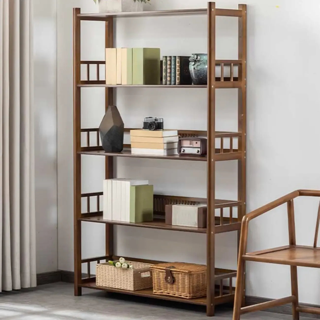 Vertical Modern 4-Tier Open Back Brown Wood Bookcase
