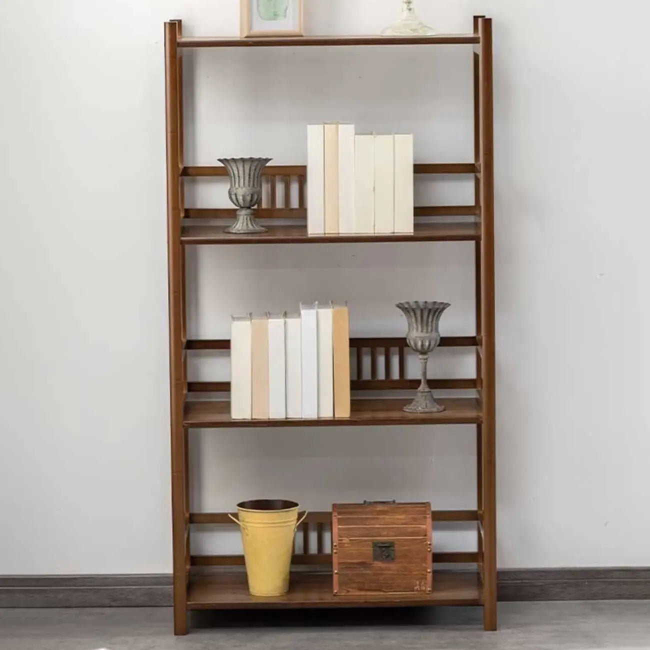 Vertical Modern 4-Tier Open Back Brown Wood Bookcase