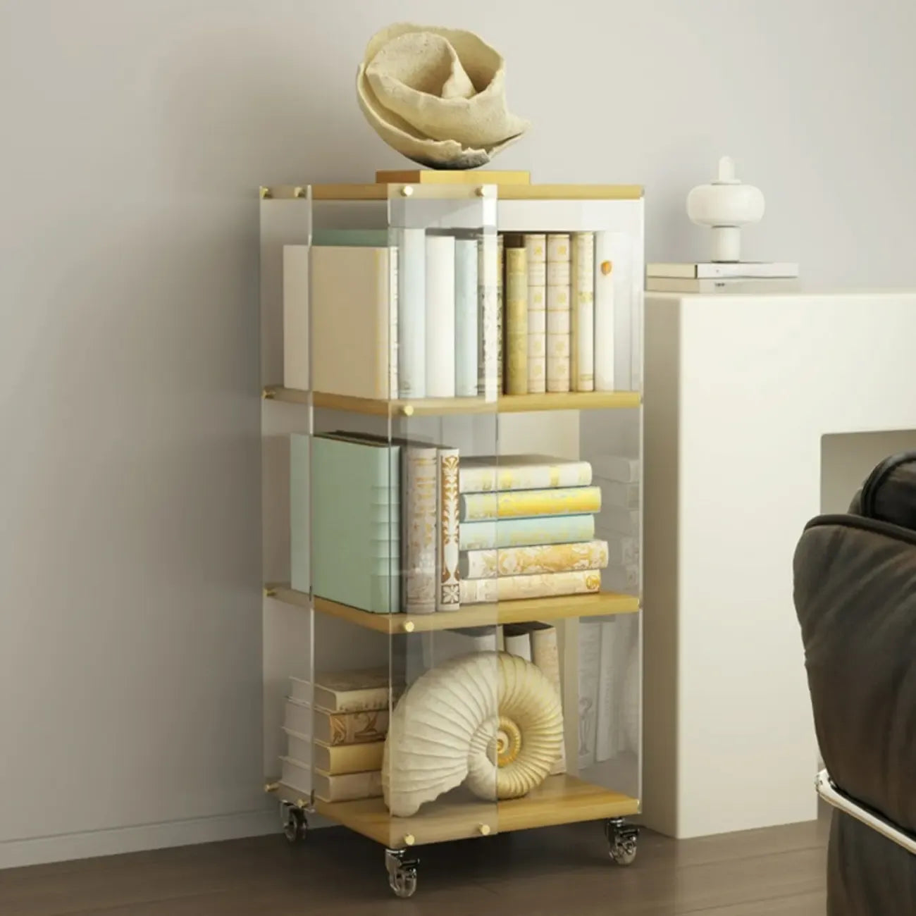 Acrylic 4-Tier Narrow Open Back Bookcase with Wheels