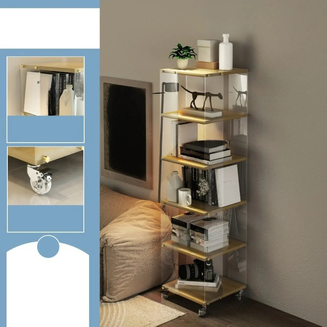 Acrylic 4-Tier Narrow Open Back Bookcase with Wheels