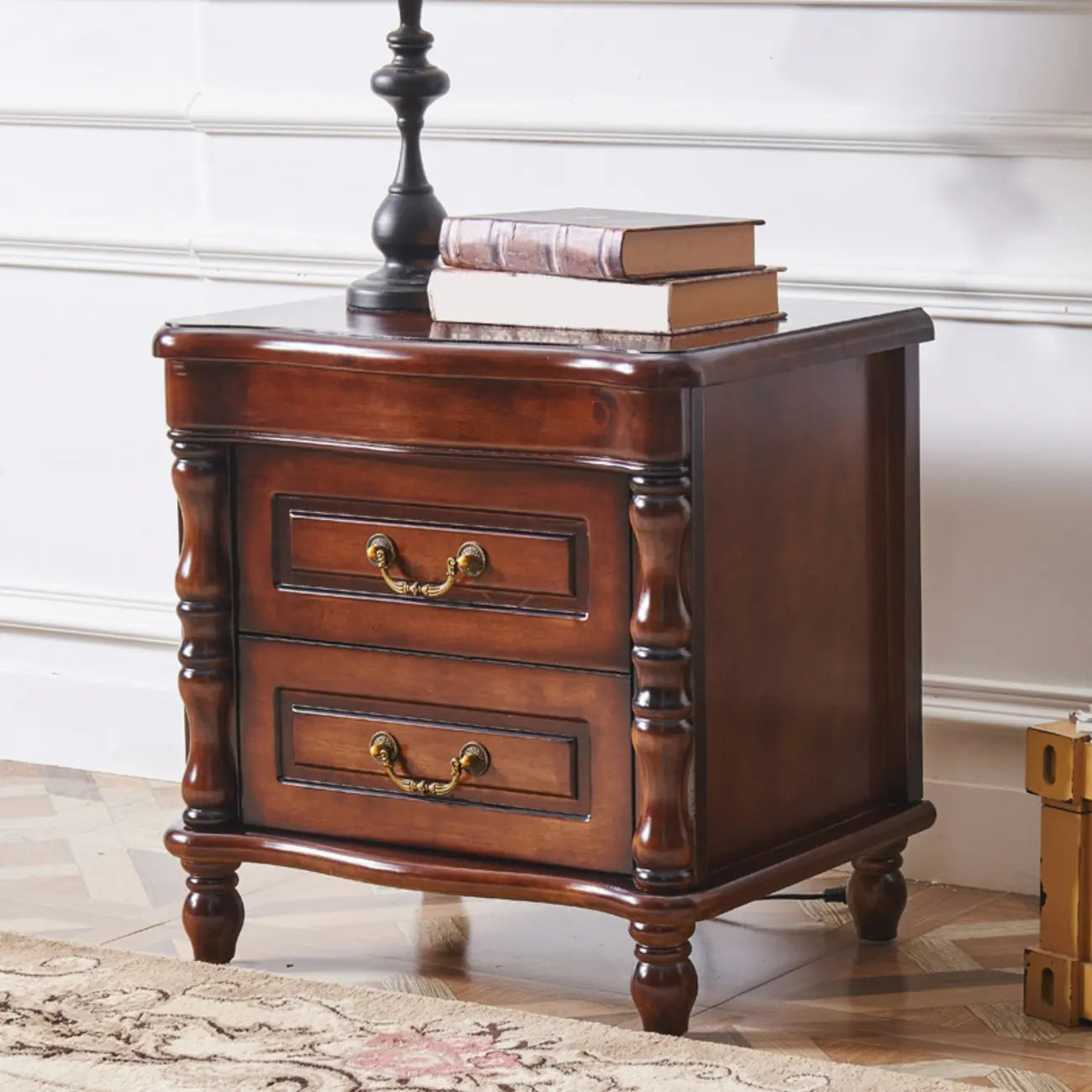 Victorian Brown 2-Drawer Wood Nightstand for Bedroom