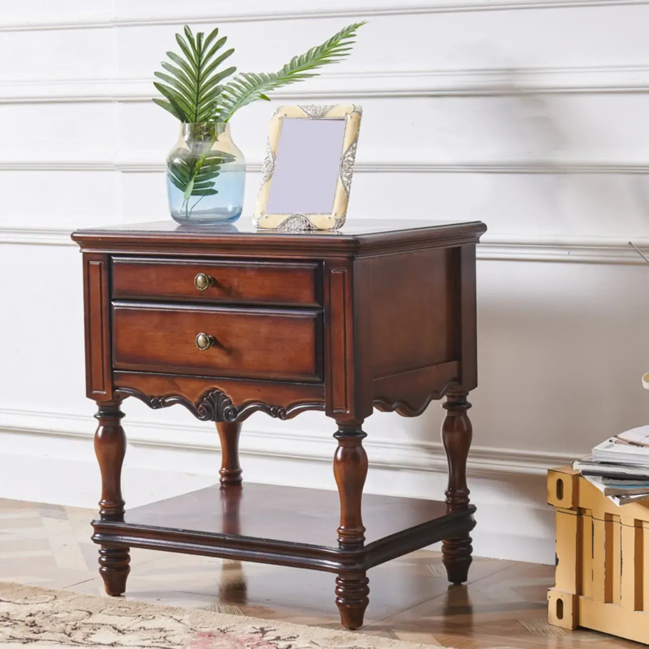Victorian Brown 2-Drawer Wood Nightstand for Bedroom
