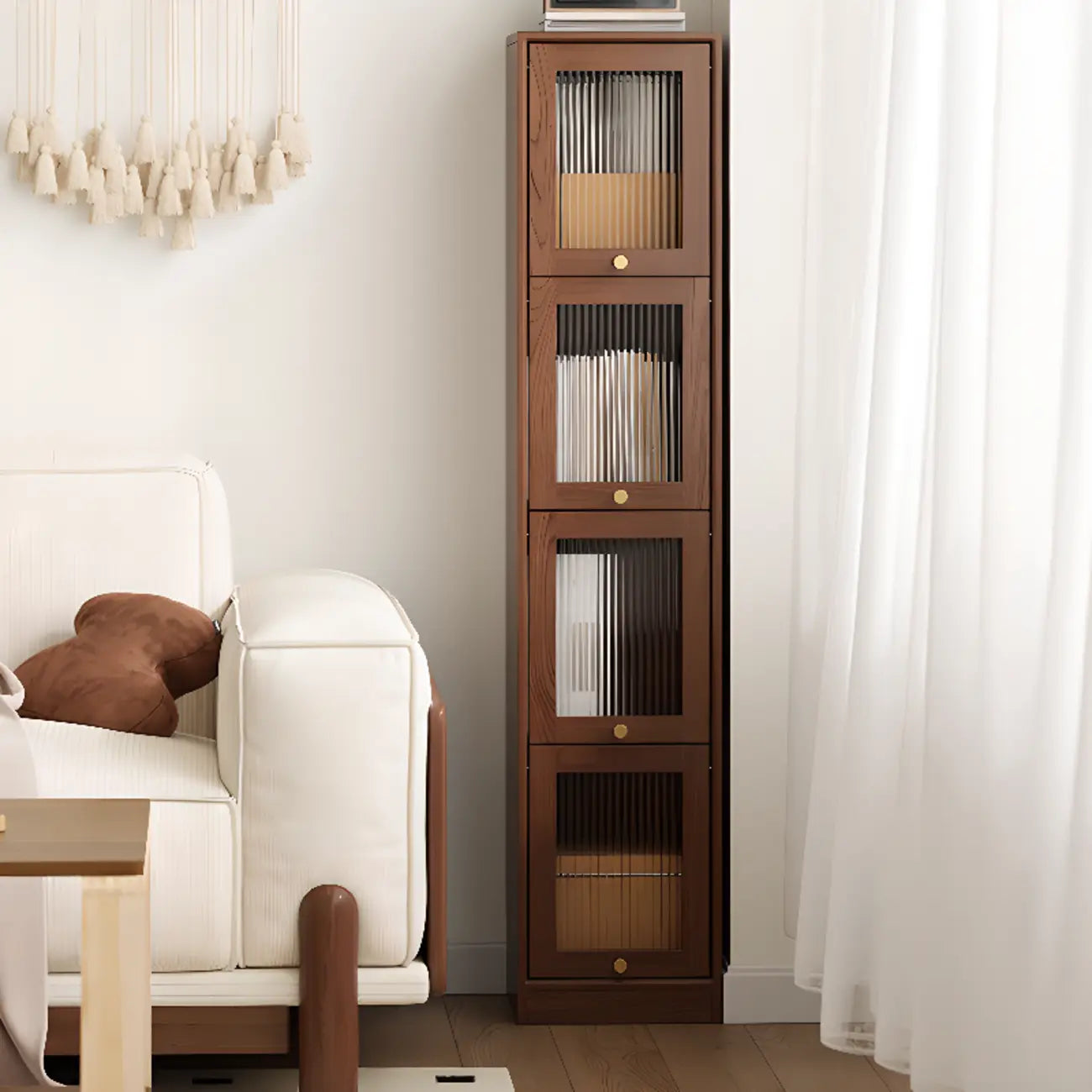 Cherry Wood Vertical Bookcase with Glass Doors