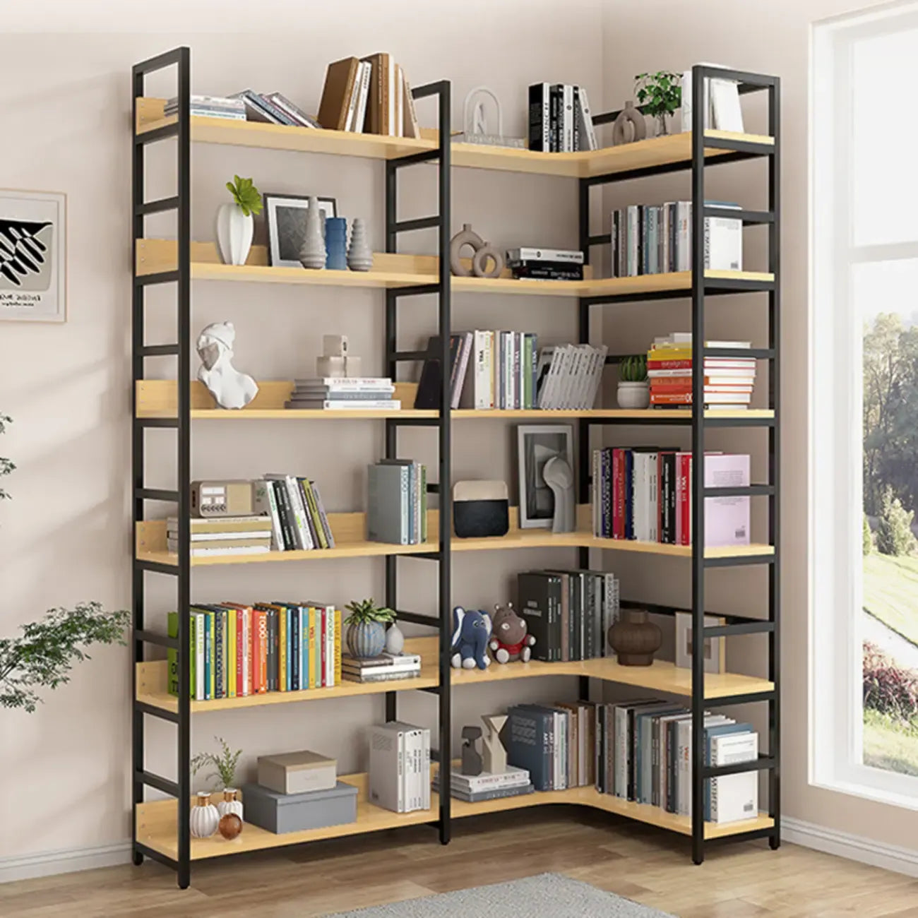 6-Tier Wood and Steel L-Shaped Corner Display Bookshelf