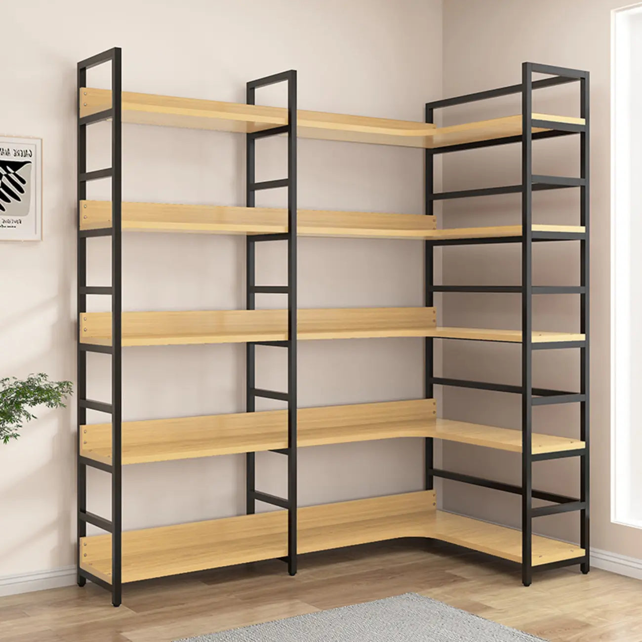 6-Tier Wood and Steel L-Shaped Corner Display Bookshelf