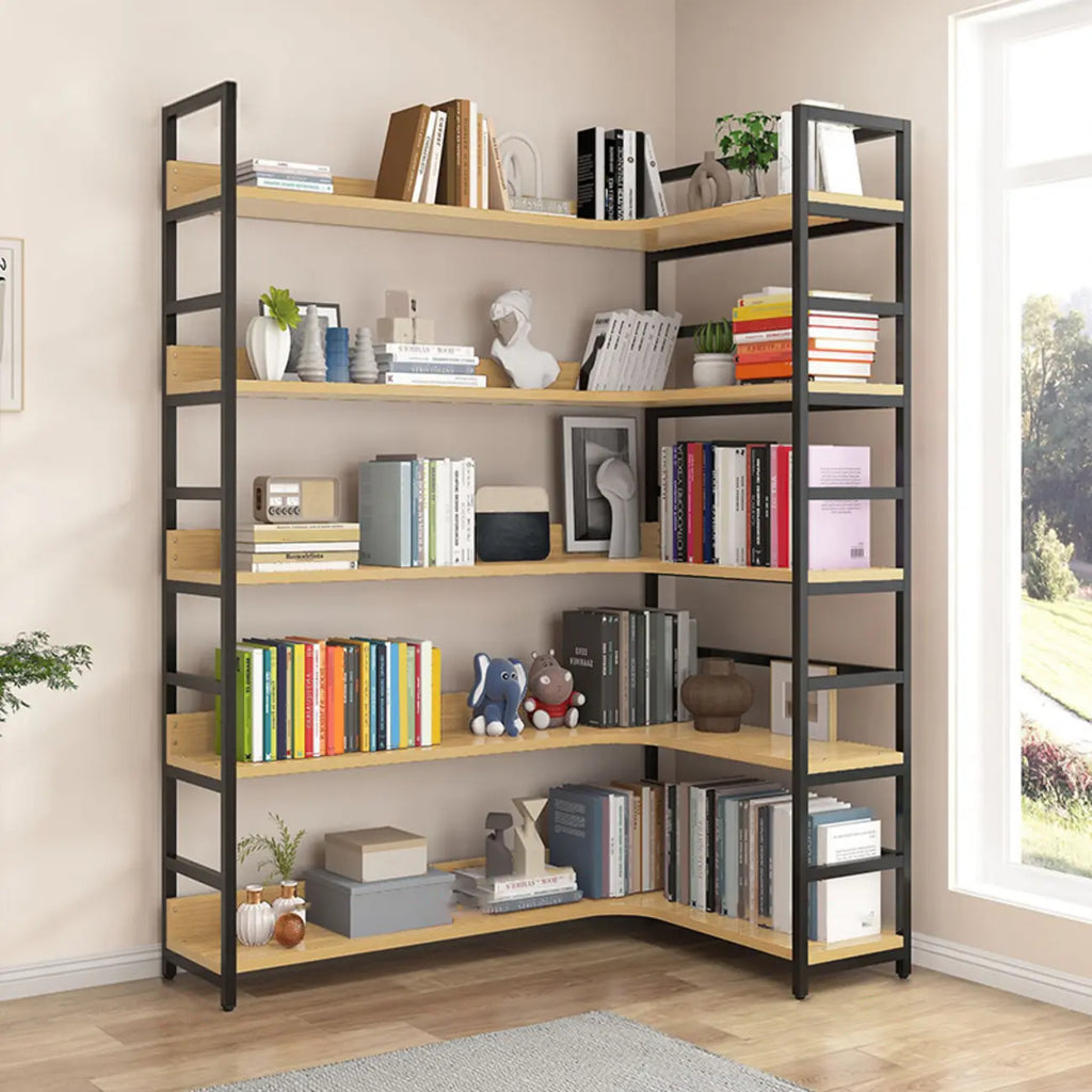 6-Tier Wood and Steel L-Shaped Corner Display Bookshelf