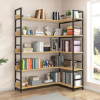 6-Tier Wood and Steel L-Shaped Corner Display Bookshelf