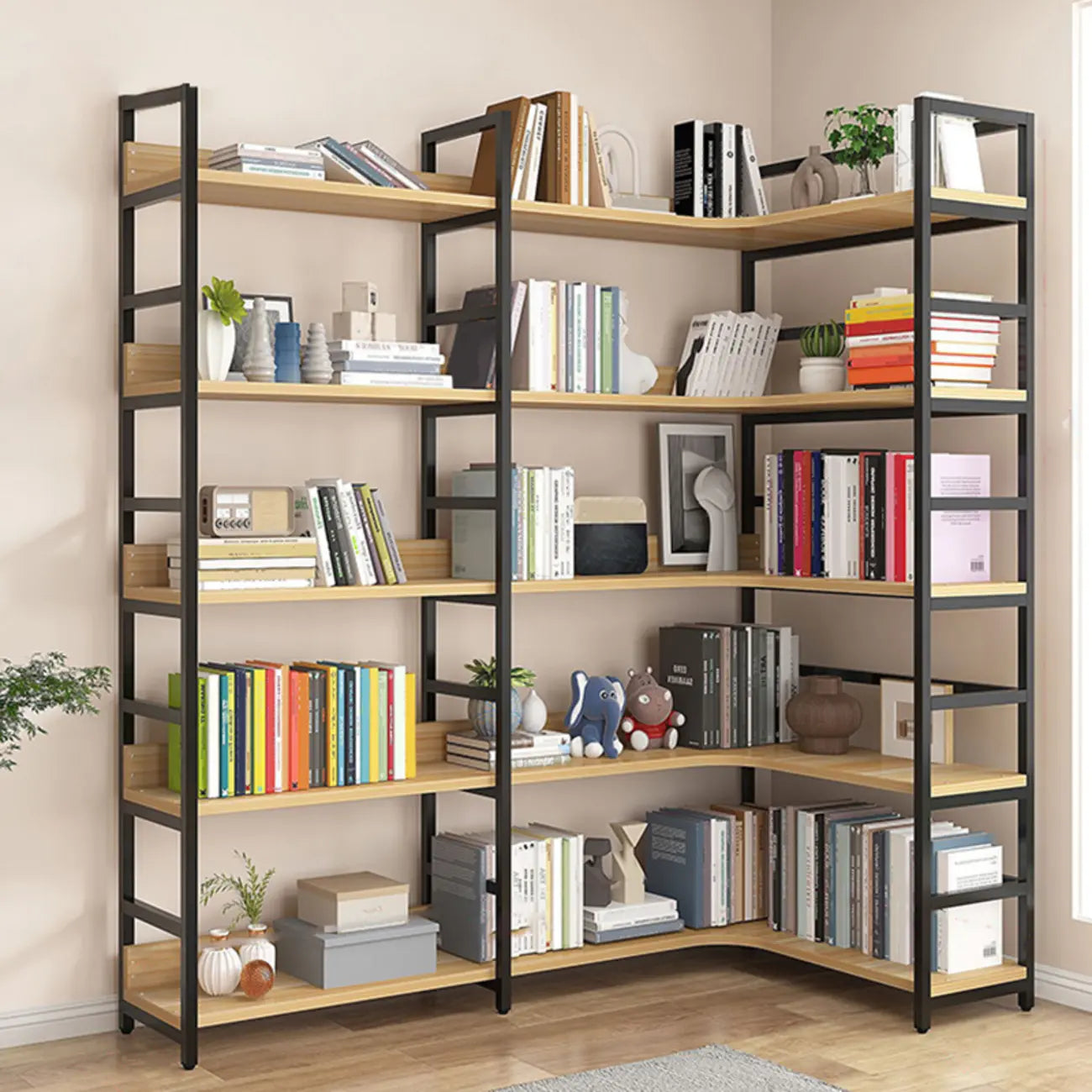 6-Tier Wood and Steel L-Shaped Corner Display Bookshelf