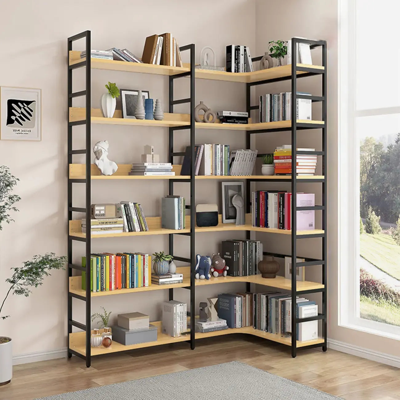 6-Tier Wood and Steel L-Shaped Corner Display Bookshelf