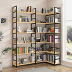 6-Tier Wood and Steel L-Shaped Corner Display Bookshelf
