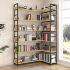 6-Tier Wood and Steel L-Shaped Corner Display Bookshelf