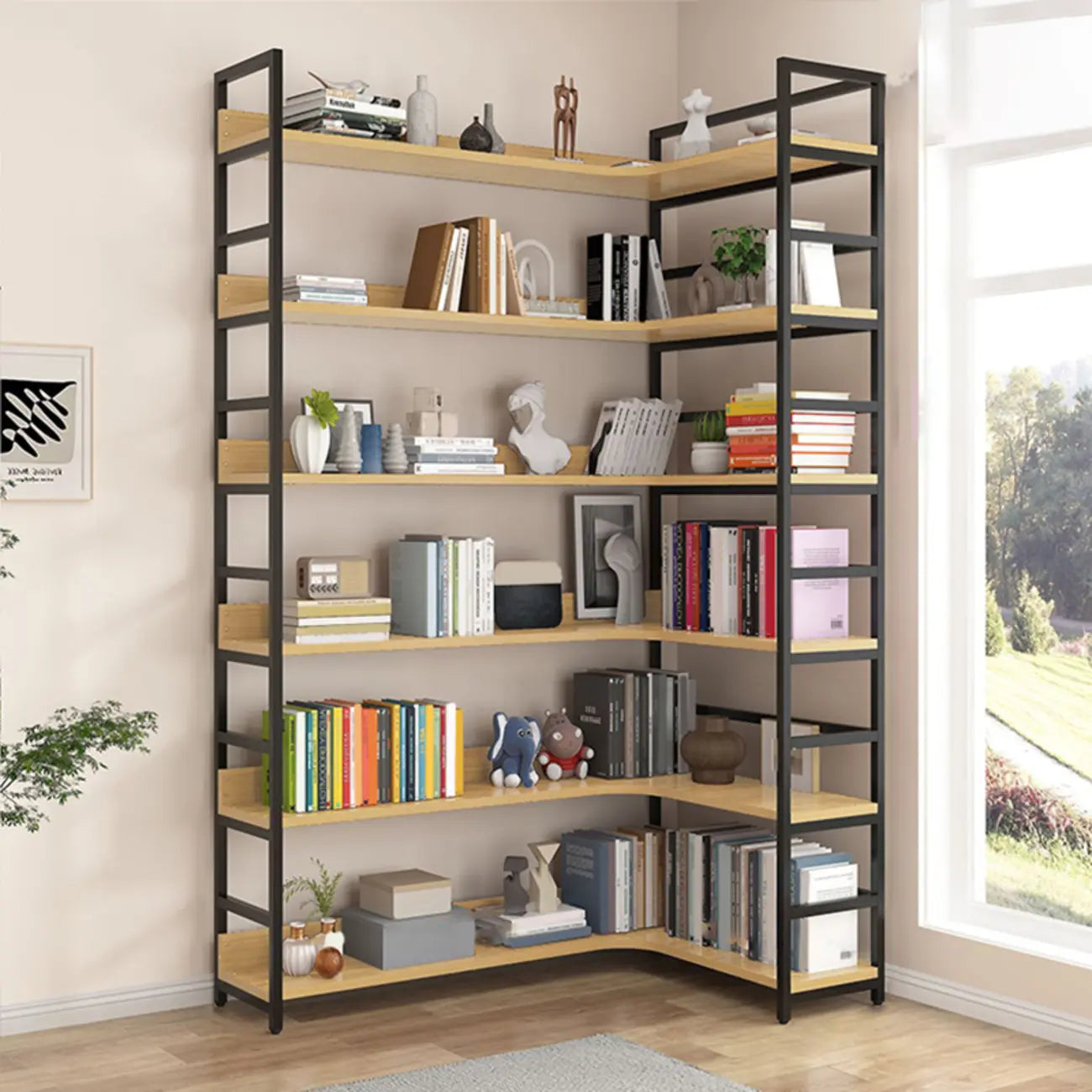 6-Tier Wood and Steel L-Shaped Corner Display Bookshelf