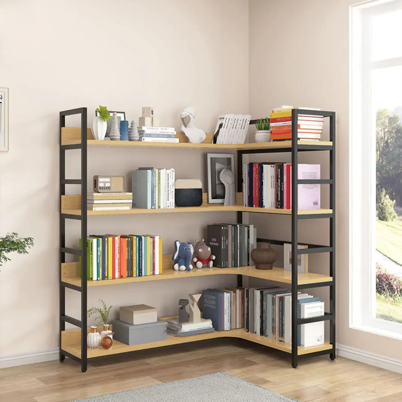 6-Tier Wood and Steel L-Shaped Corner Display Bookshelf