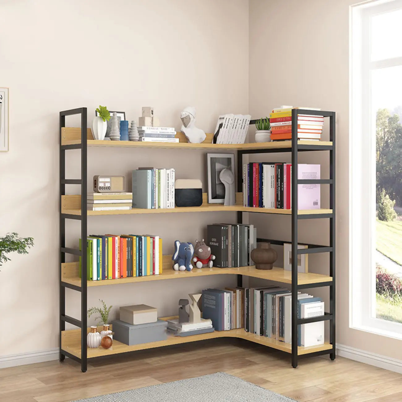 6-Tier Wood and Steel L-Shaped Corner Display Bookshelf