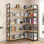 6-Tier Wood and Steel L-Shaped Corner Display Bookshelf