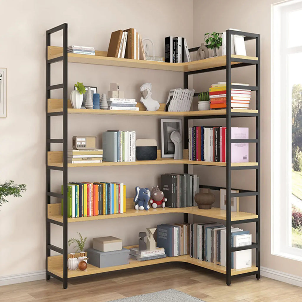 6-Tier Wood and Steel L-Shaped Corner Display Bookshelf