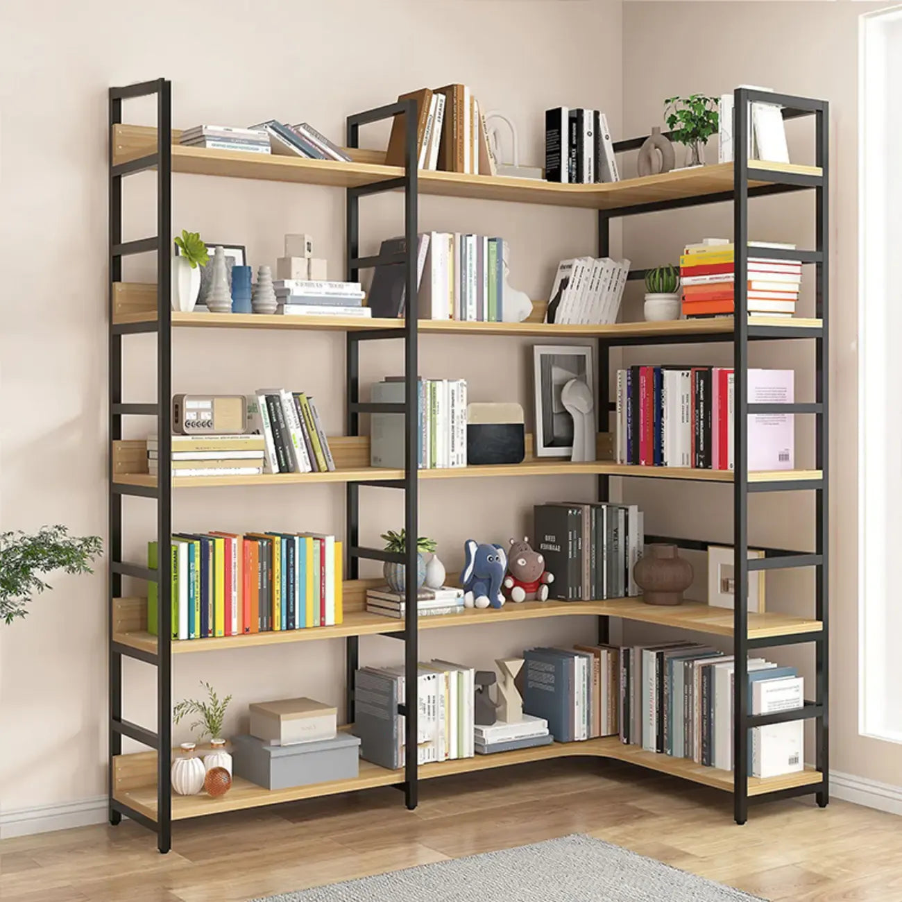 6-Tier Wood and Steel L-Shaped Corner Display Bookshelf