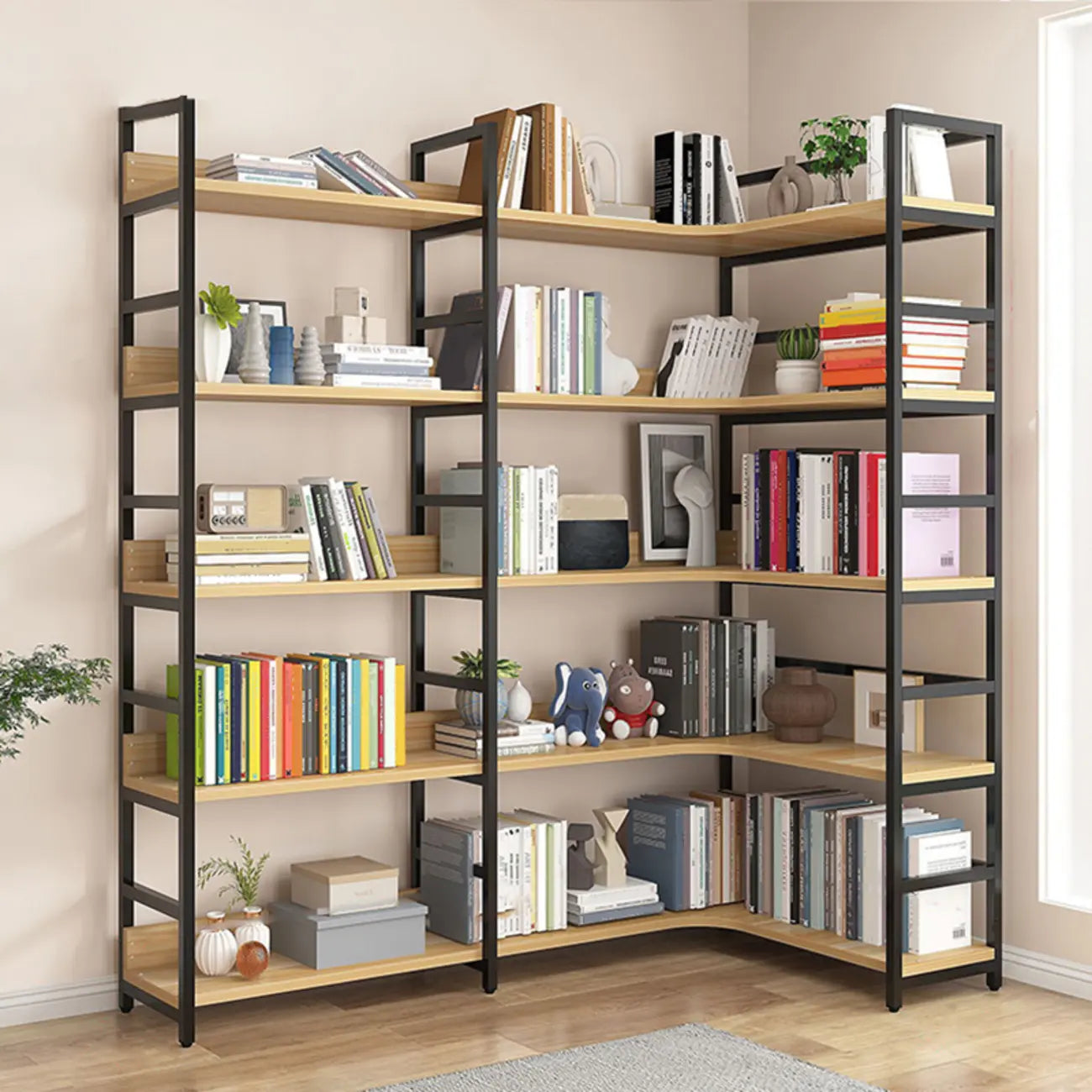 6-Tier Wood and Steel L-Shaped Corner Display Bookshelf