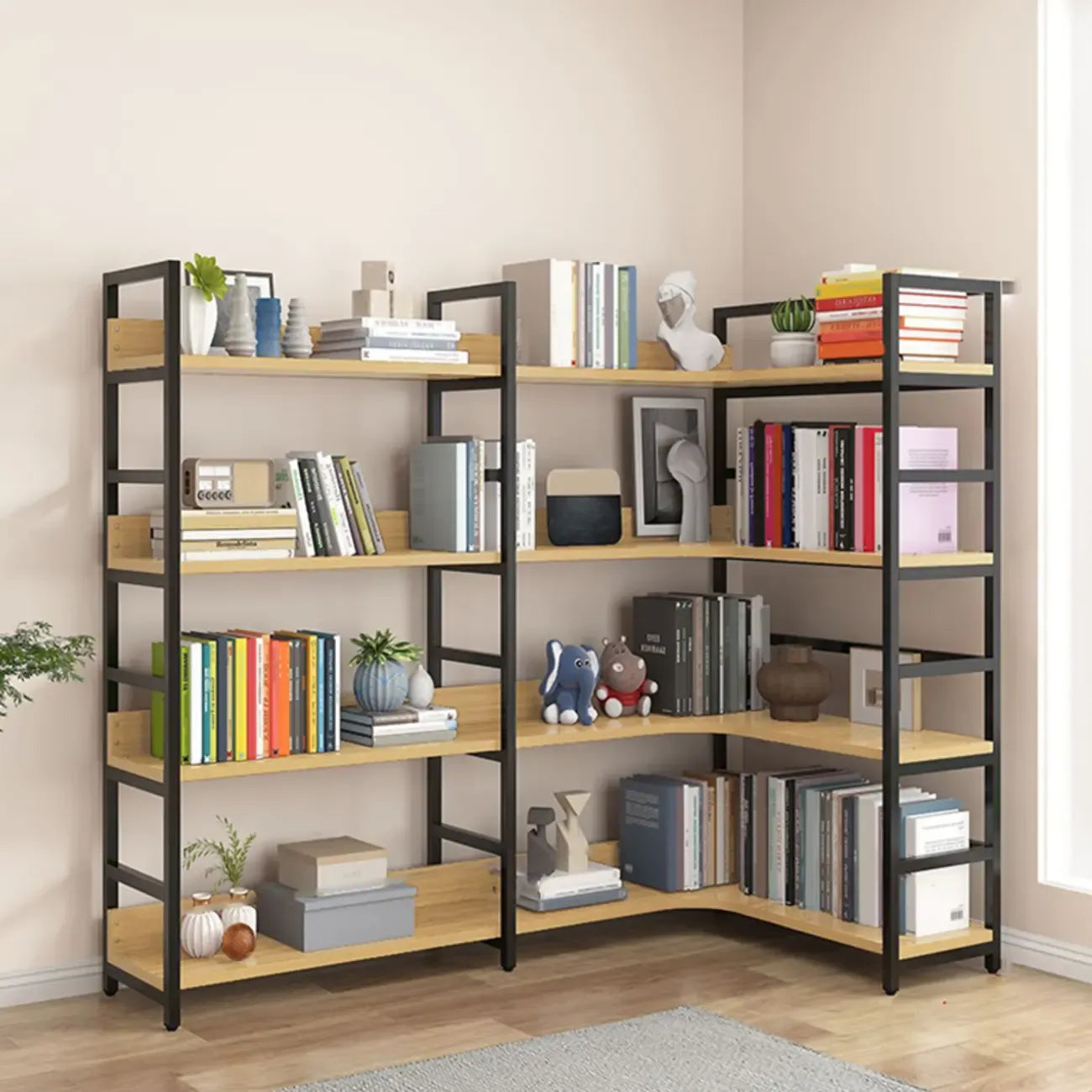 6-Tier Wood and Steel L-Shaped Corner Display Bookshelf