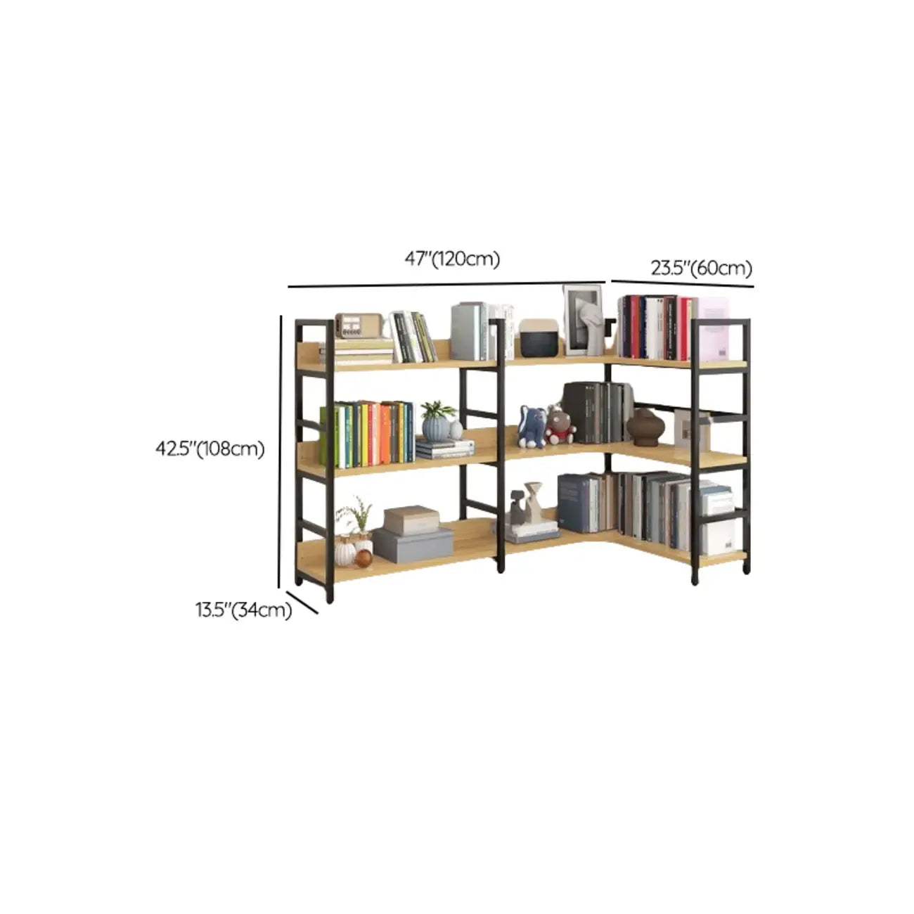 6-Tier Wood and Steel L-Shaped Corner Display Bookshelf