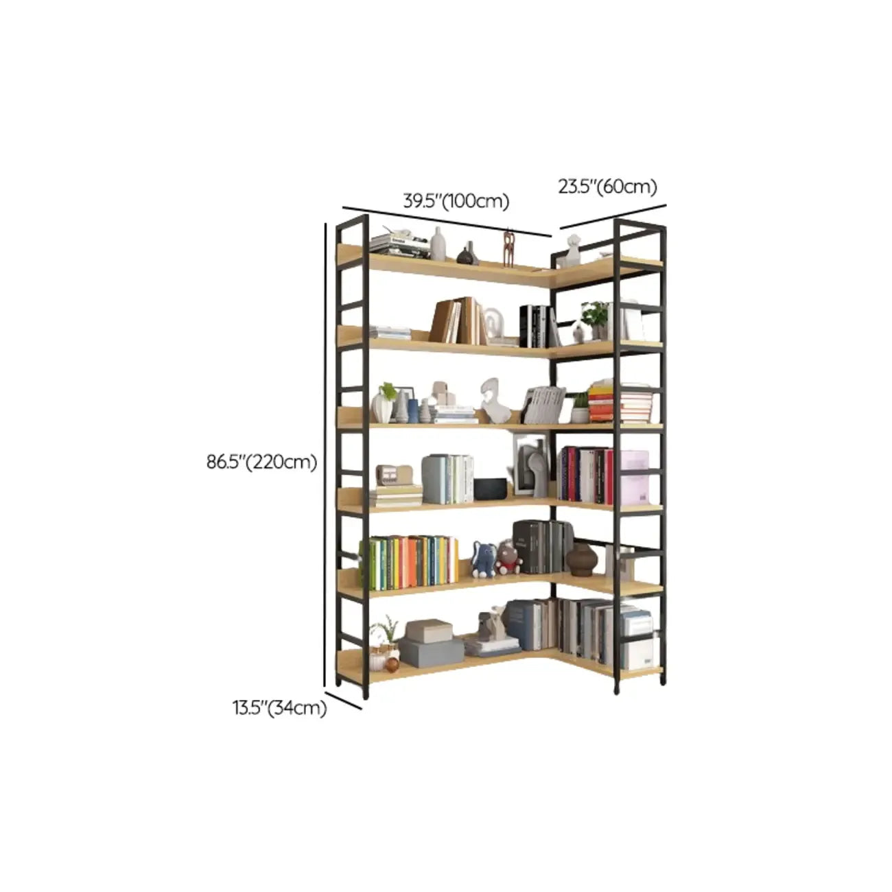 6-Tier Wood and Steel L-Shaped Corner Display Bookshelf