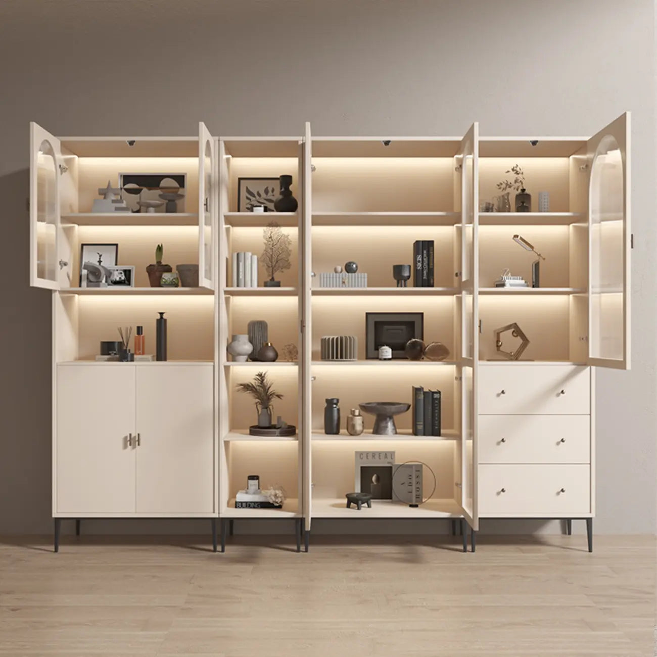 Vertical White Wood Multi-Storage Bookcase with Glass Doors