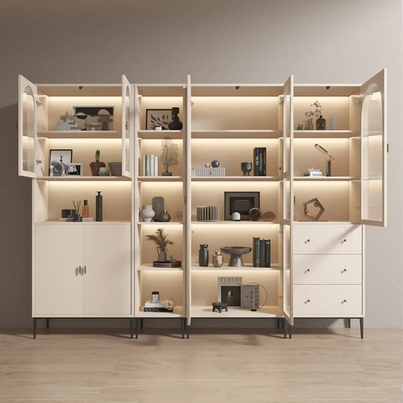 Vertical White Wood Multi-Storage Bookcase with Glass Doors