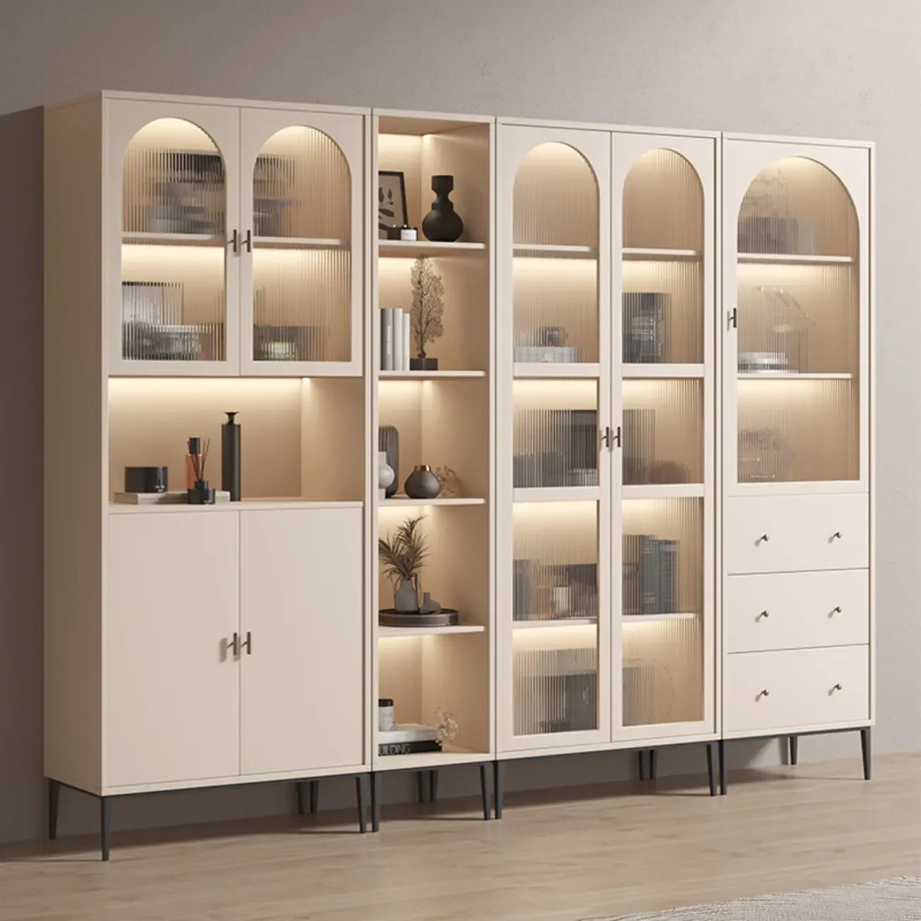 Vertical White Wood Multi-Storage Bookcase with Glass Doors