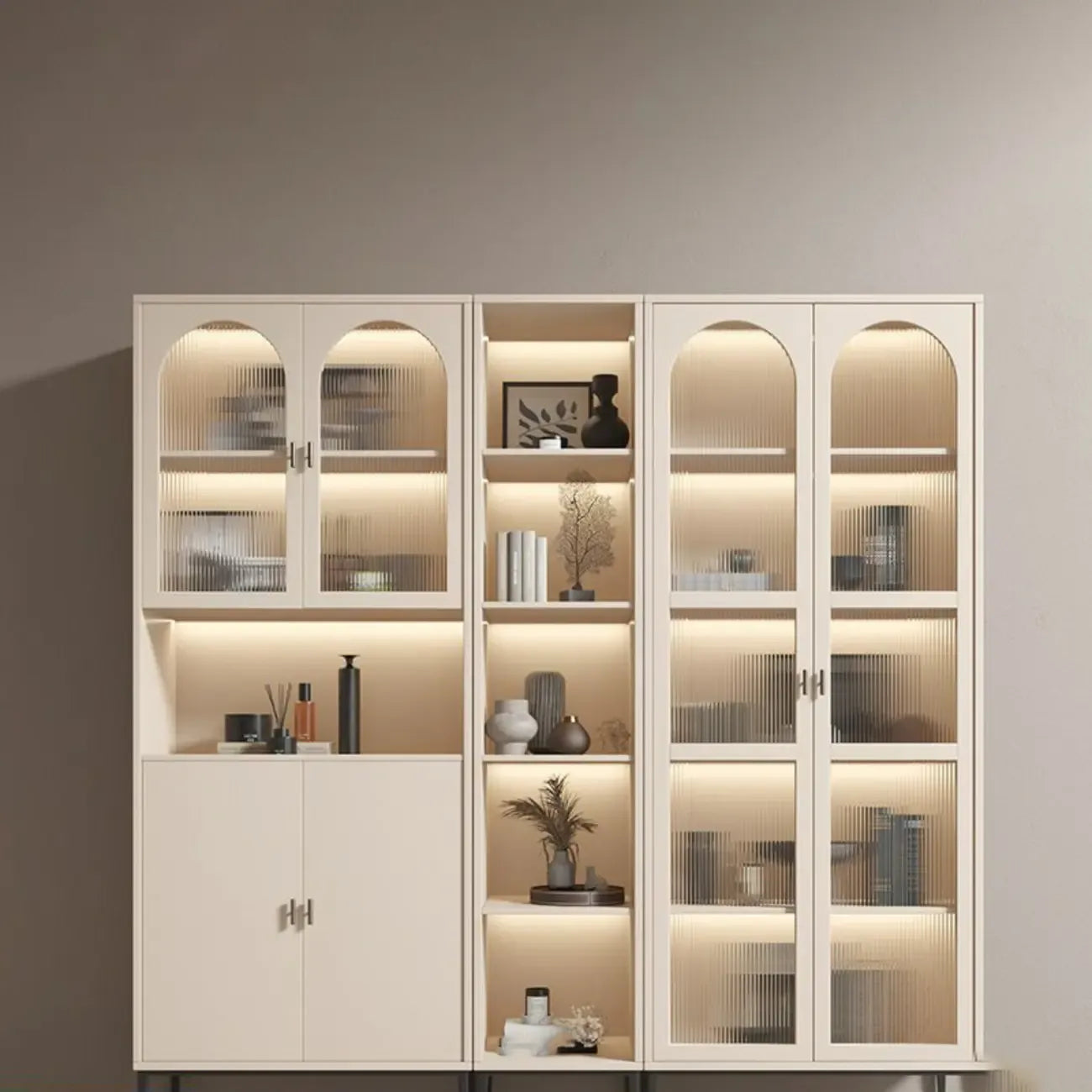 Vertical White Wood Multi-Storage Bookcase with Glass Doors