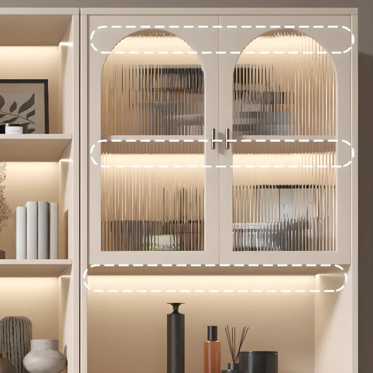 Vertical White Wood Multi-Storage Bookcase with Glass Doors