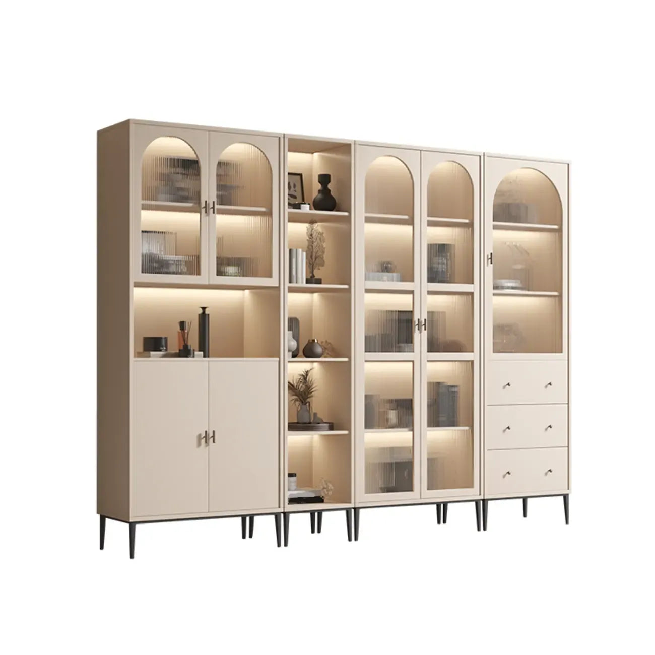 Vertical White Wood Multi-Storage Bookcase with Glass Doors