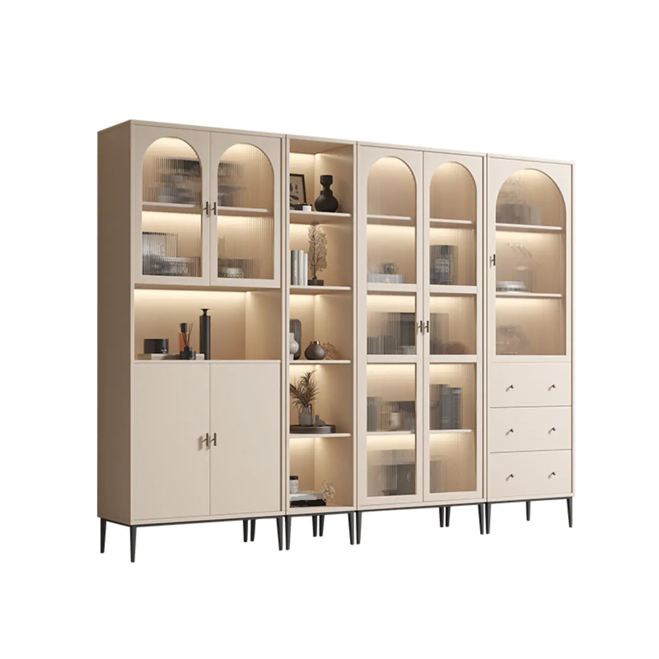 Vertical White Wood Multi-Storage Bookcase with Glass Doors