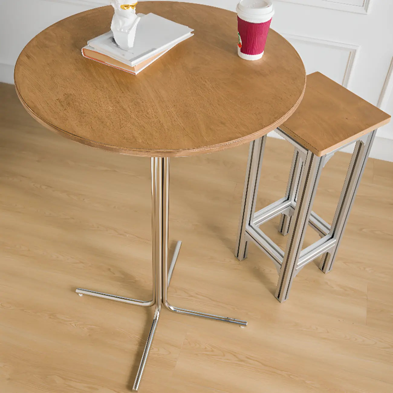 Modern Natural Wood Silver Metal Cross Legs Bar Tables