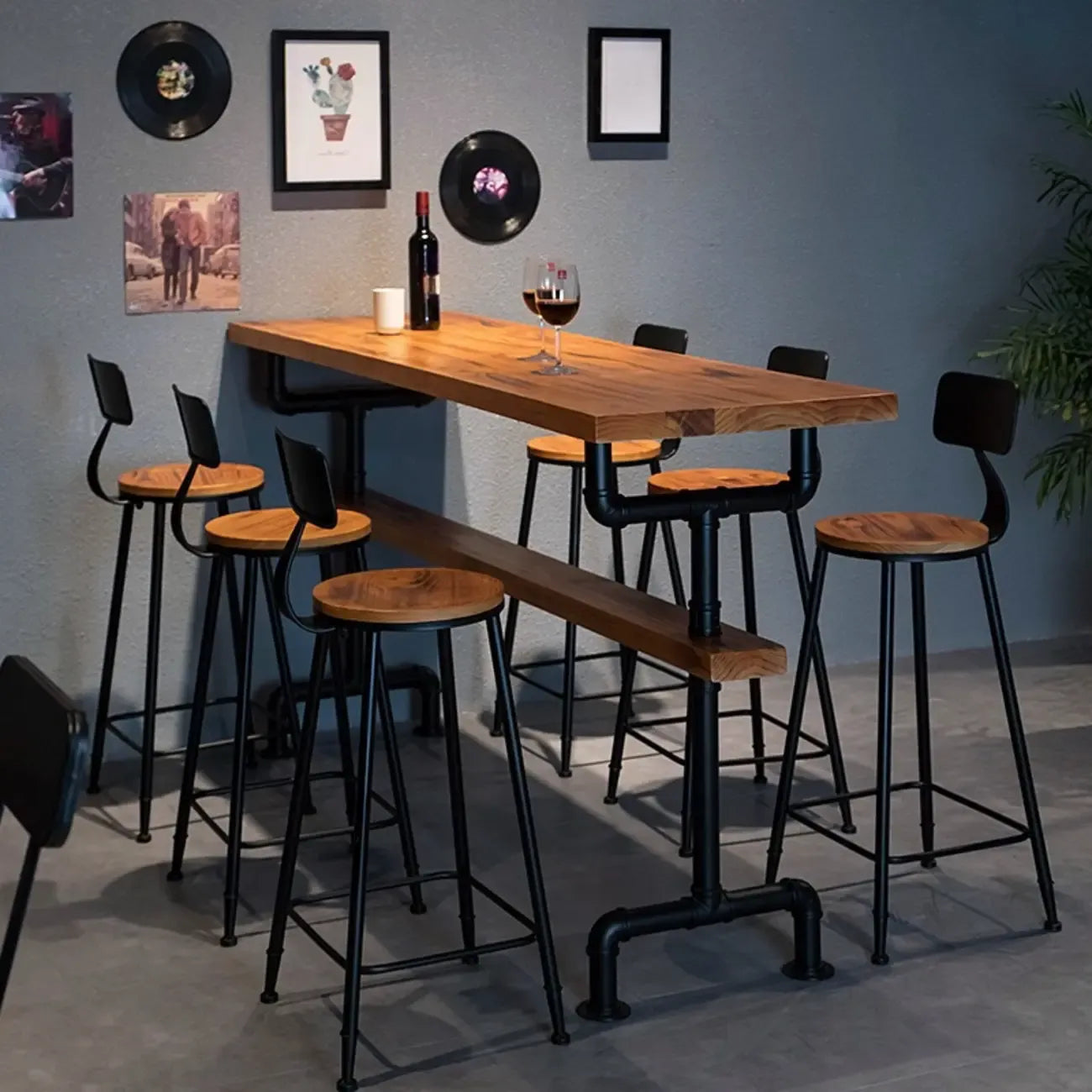 Industrial Brown Wooden Fixed Top Metal Leg Bar Tables